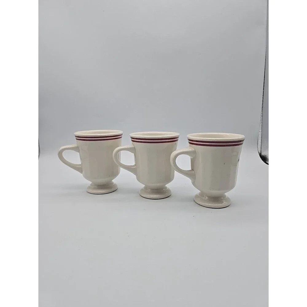 VTG Buffalo China Restaurant Ware Pedestal Coffee Mugs USA Set/3 Red Pin Striped